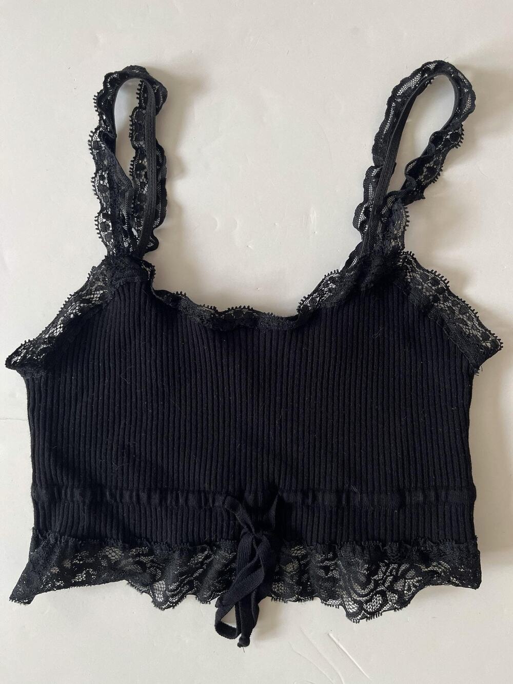 Garage Camisole Juniors P/S Black Rib Knit Lace Trim Bow Lace Hem Crop Tank